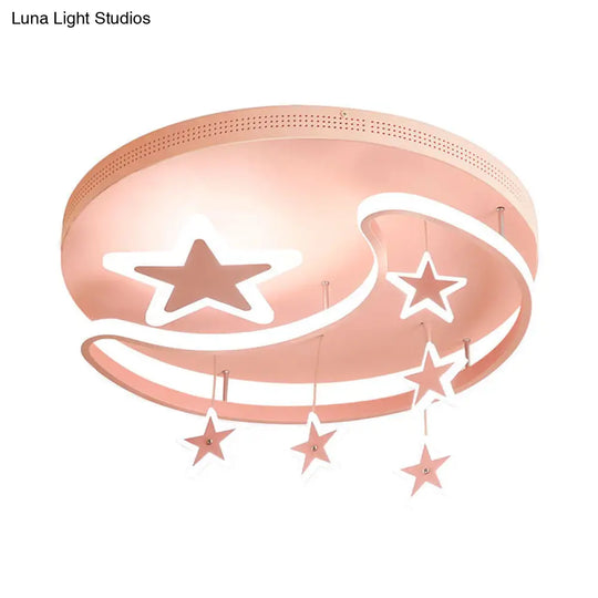 Kids Cartoon Pink Flush Mount Light With Star And Moon Metal Acrylic Led Ceiling Lamp