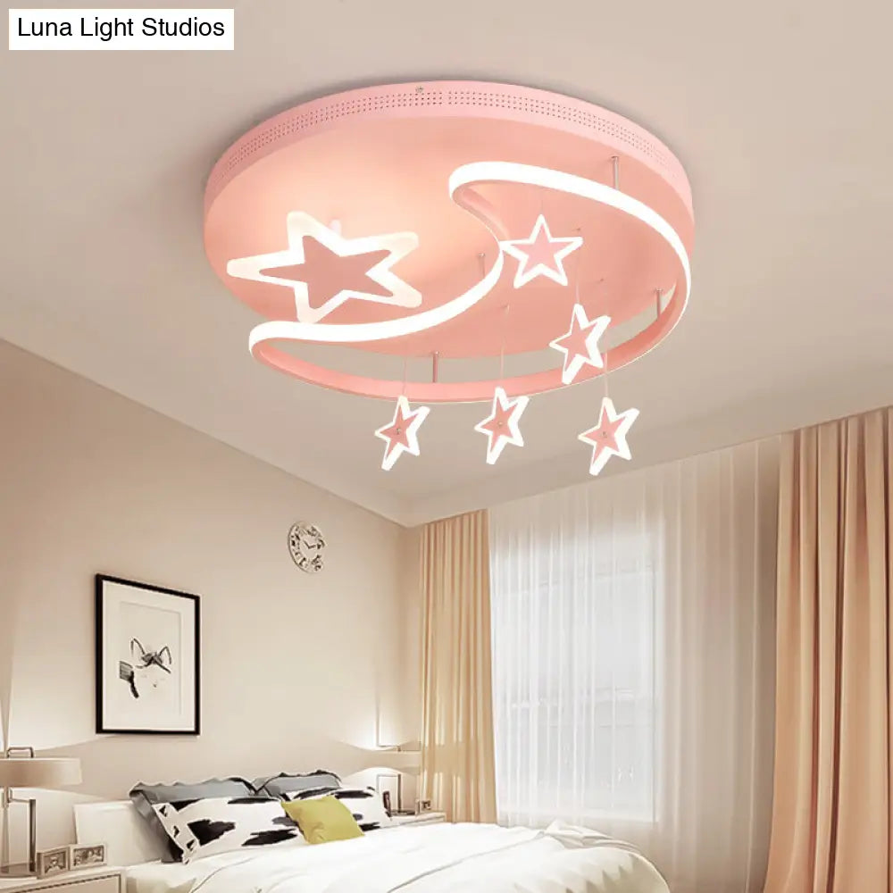Kids Cartoon Pink Flush Mount Light With Star And Moon Metal Acrylic Led Ceiling Lamp