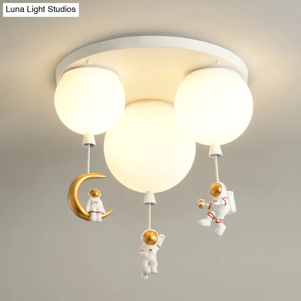 Kids Ceiling Light With Cartoon Astronaut Pendant - Round Frosted Acrylic Lampshade Flush-Mount