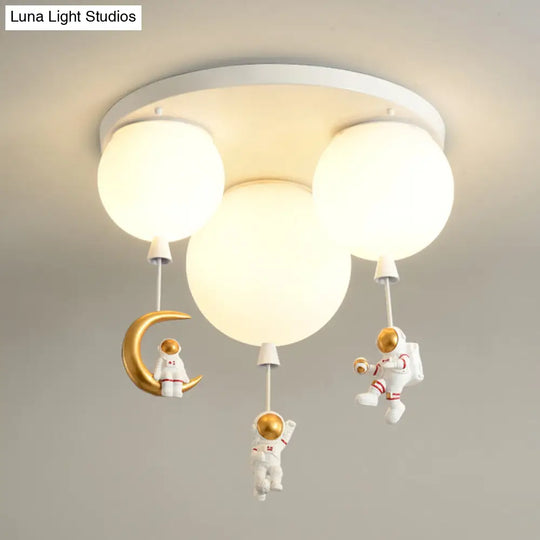 Kids Ceiling Light With Cartoon Astronaut Pendant - Round Frosted Acrylic Lampshade Flush-Mount