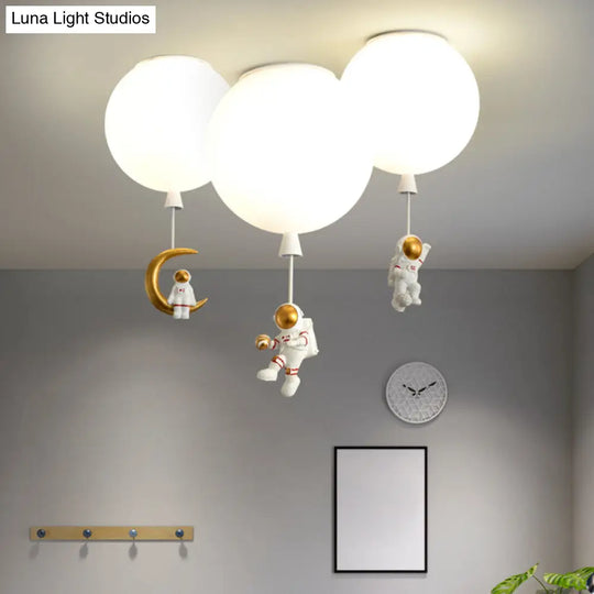 Kids Ceiling Light With Cartoon Astronaut Pendant - Round Frosted Acrylic Lampshade Flush-Mount