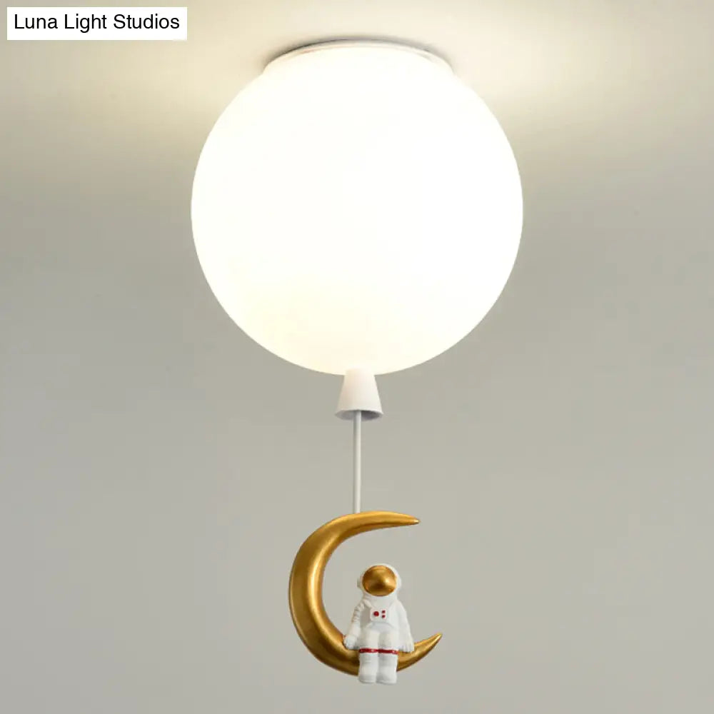 Kids Ceiling Light With Cartoon Astronaut Pendant - Round Frosted Acrylic Lampshade Flush-Mount