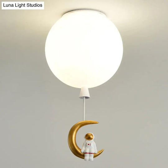 Kids Ceiling Light With Cartoon Astronaut Pendant - Round Frosted Acrylic Lampshade Flush-Mount