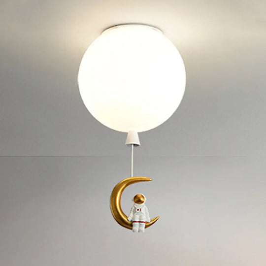 Kids Ceiling Light With Cartoon Astronaut Pendant - Round Frosted Acrylic Lampshade Flush-Mount