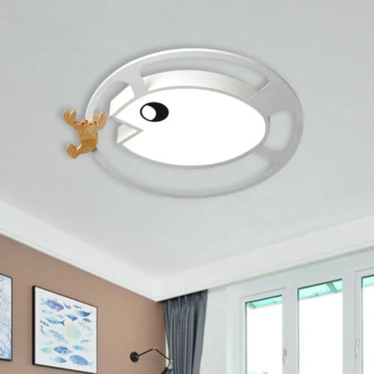 Kids Circular Acrylic Ceiling Light: Grey/White/Green Led Flush Mount Lamp With Wood Shrimp Decor