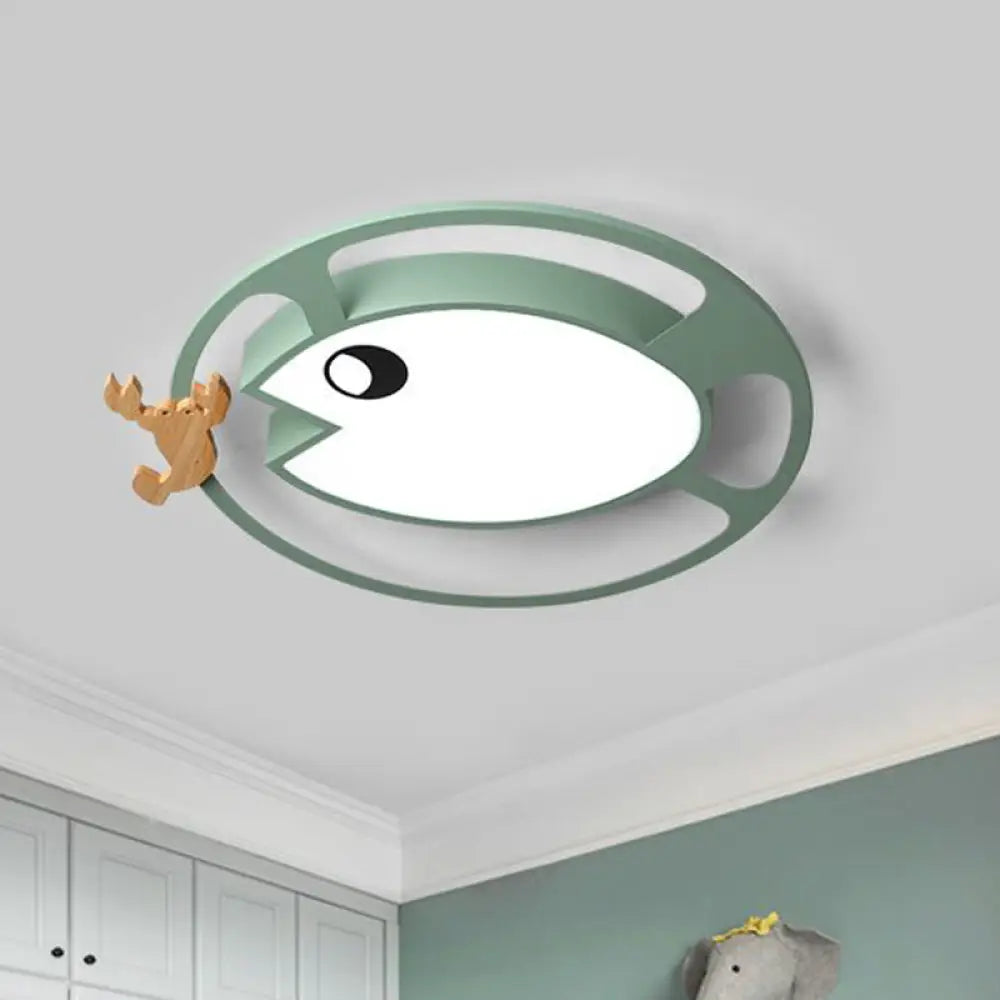 Kids Circular Acrylic Ceiling Light: Grey/White/Green Led Flush Mount Lamp With Wood Shrimp Decor