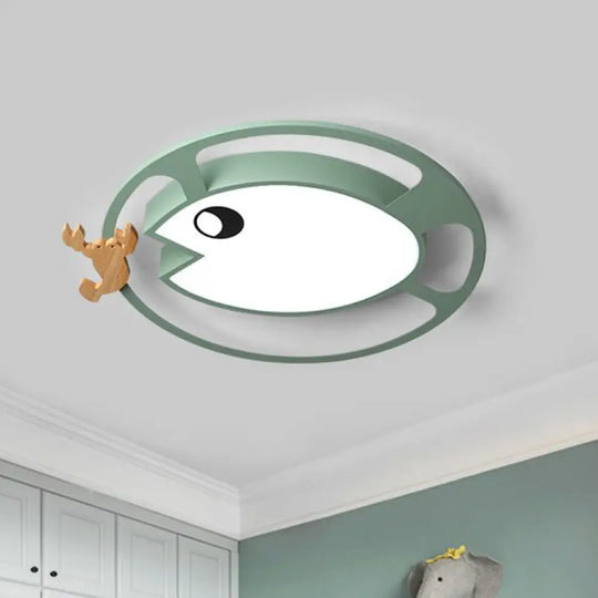 Kids Circular Acrylic Ceiling Light: Grey/White/Green Led Flush Mount Lamp With Wood Shrimp Decor