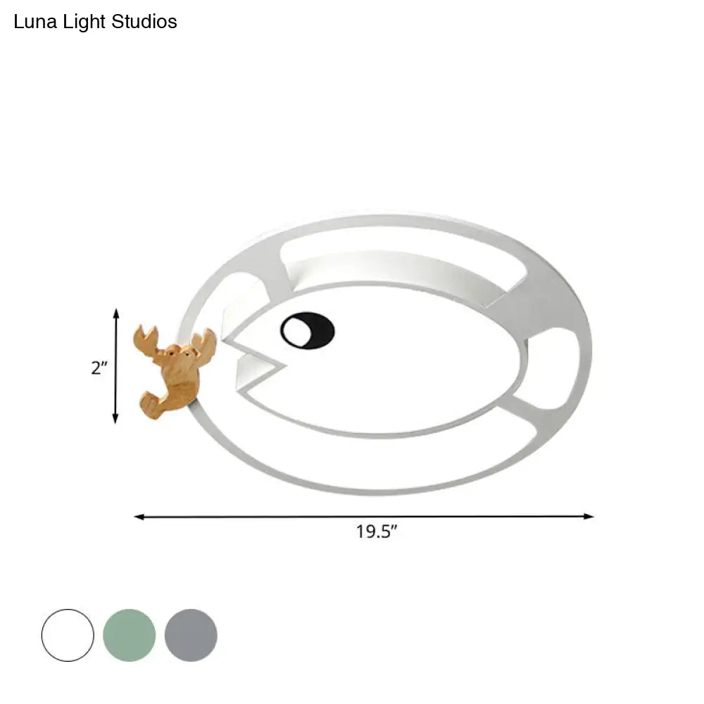 Kids Circular Acrylic Ceiling Light: Grey/White/Green Led Flush Mount Lamp With Wood Shrimp Decor