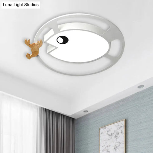 Kids Circular Acrylic Ceiling Light: Grey/White/Green Led Flush Mount Lamp With Wood Shrimp Decor