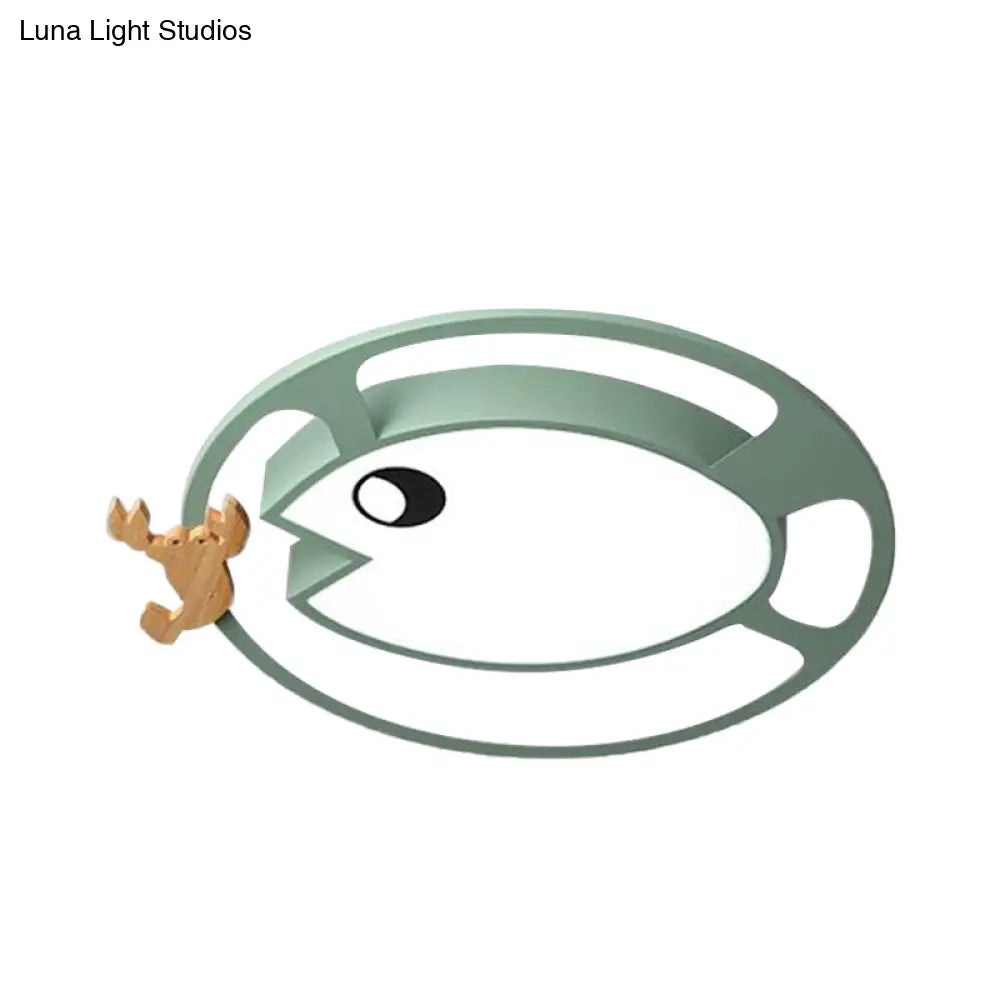 Kids Circular Acrylic Ceiling Light: Grey/White/Green Led Flush Mount Lamp With Wood Shrimp Decor