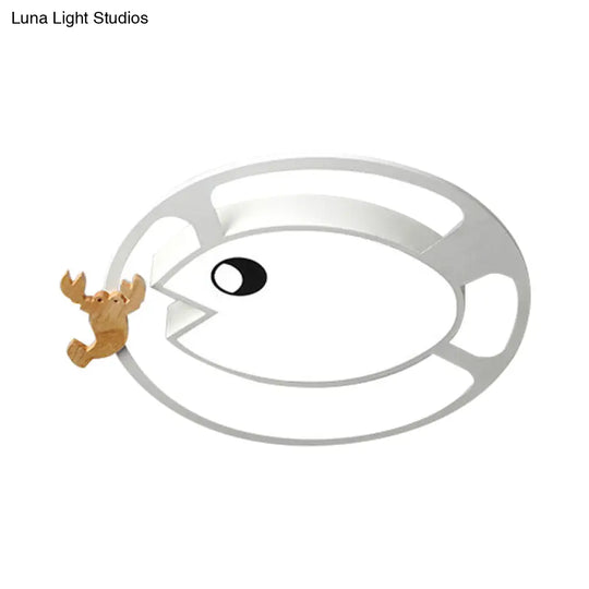 Kids Circular Acrylic Ceiling Light: Grey/White/Green Led Flush Mount Lamp With Wood Shrimp Decor