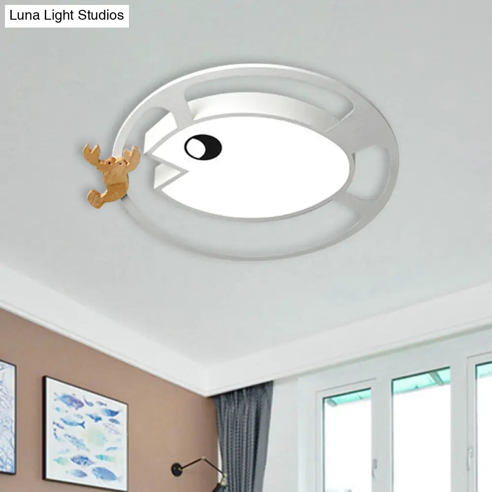 Kids Circular Acrylic Ceiling Light: Grey/White/Green Led Flush Mount Lamp With Wood Shrimp Decor