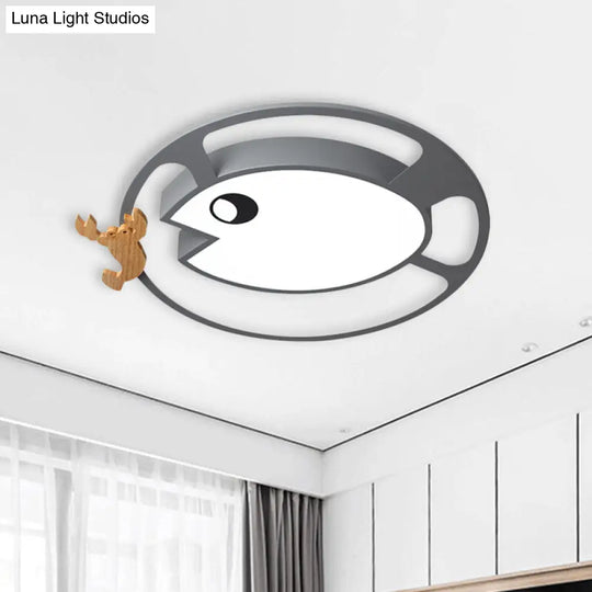 Kids Circular Acrylic Ceiling Light: Grey/White/Green Led Flush Mount Lamp With Wood Shrimp Decor