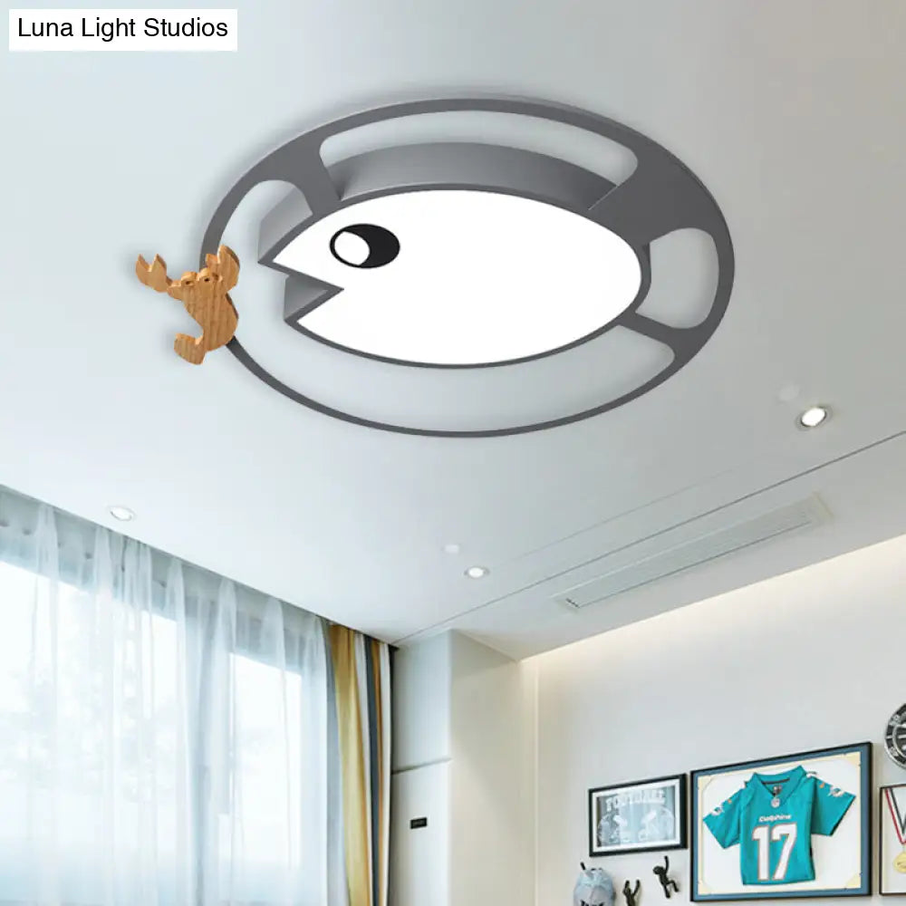 Kids Circular Acrylic Ceiling Light: Grey/White/Green Led Flush Mount Lamp With Wood Shrimp Decor