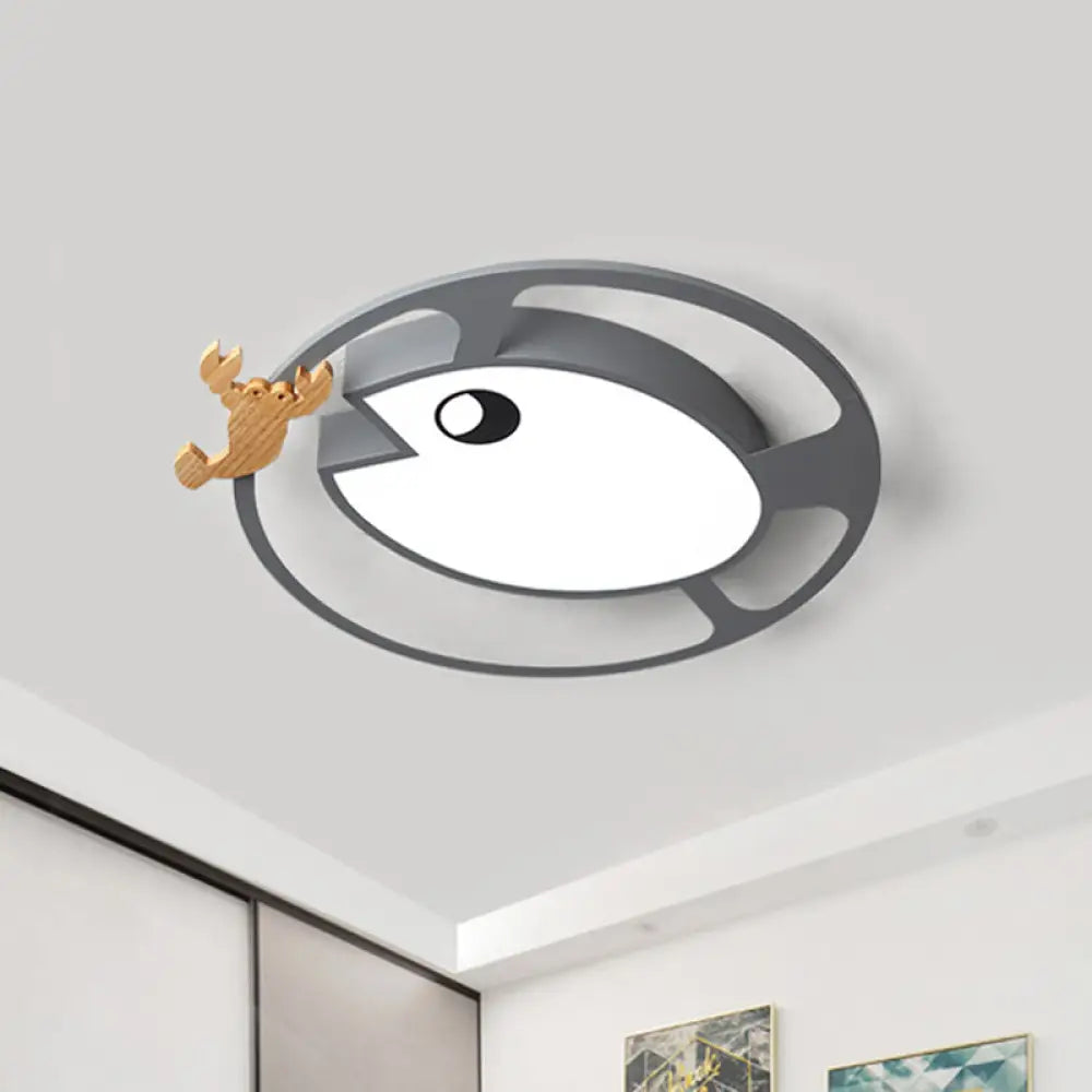 Kids Circular Acrylic Ceiling Light: Grey/White/Green Led Flush Mount Lamp With Wood Shrimp Decor