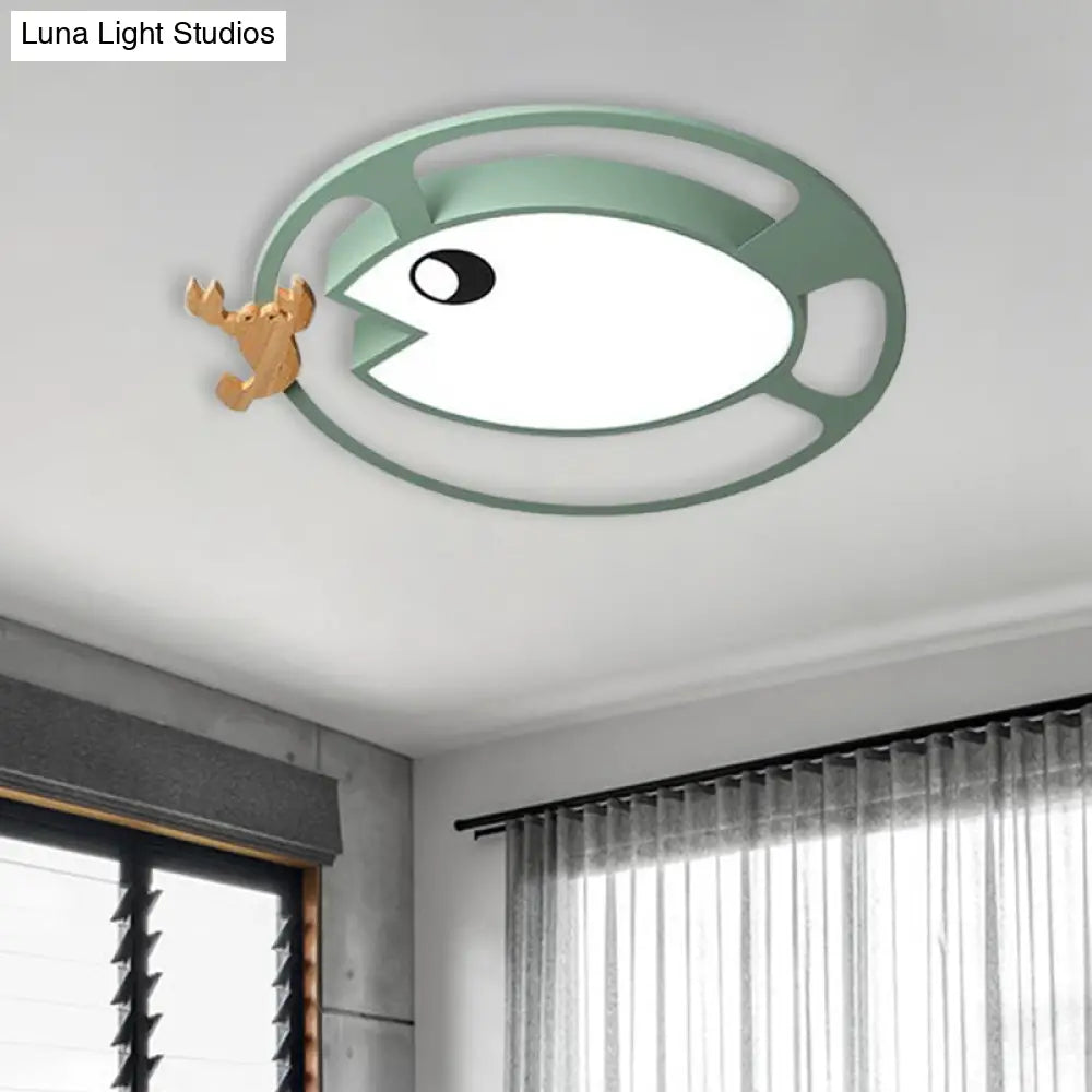 Kids Circular Acrylic Ceiling Light: Grey/White/Green Led Flush Mount Lamp With Wood Shrimp Decor