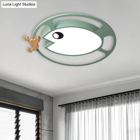 Kids Circular Acrylic Ceiling Light: Grey/White/Green Led Flush Mount Lamp With Wood Shrimp Decor