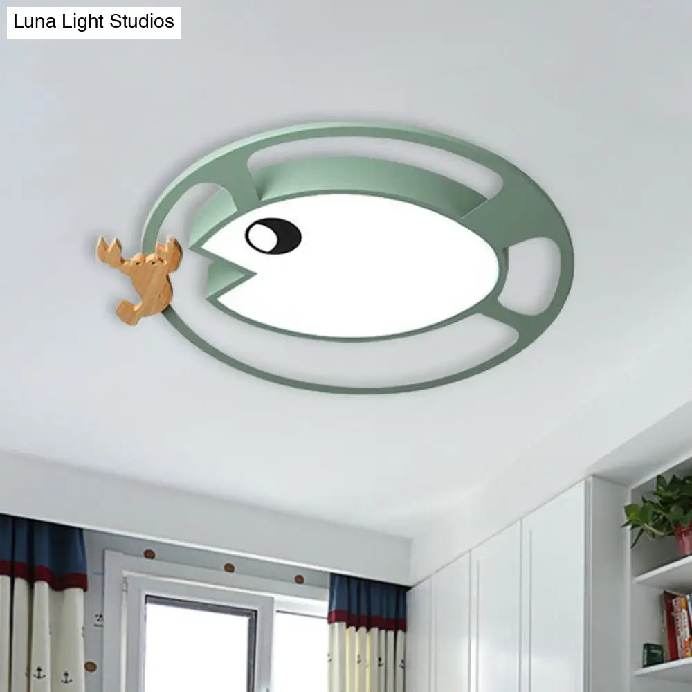 Kids Circular Acrylic Ceiling Light: Grey/White/Green Led Flush Mount Lamp With Wood Shrimp Decor