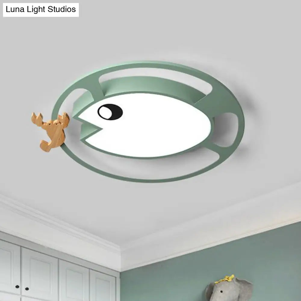 Kids Circular Acrylic Ceiling Light: Grey/White/Green Led Flush Mount Lamp With Wood Shrimp Decor