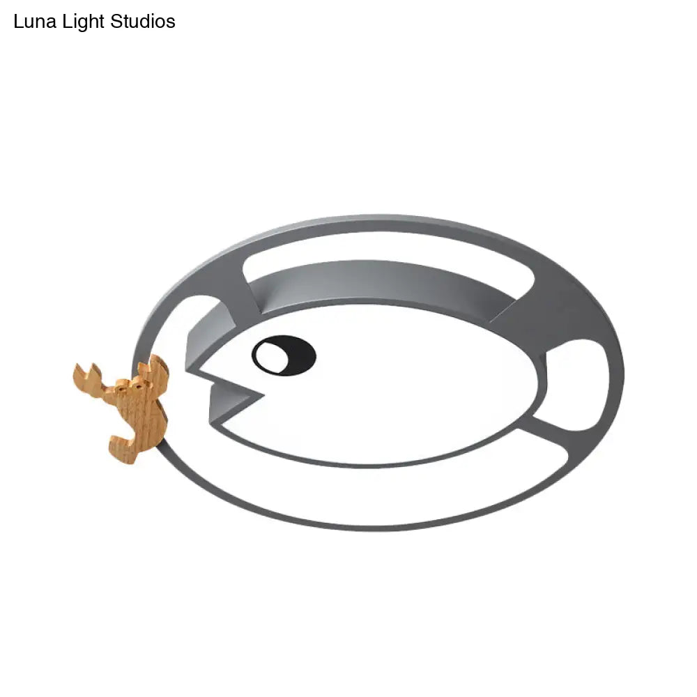 Kids Circular Acrylic Ceiling Light: Grey/White/Green Led Flush Mount Lamp With Wood Shrimp Decor