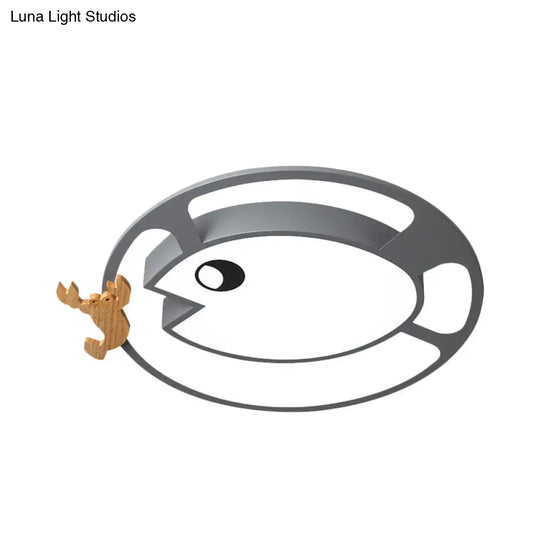 Kids Circular Acrylic Ceiling Light: Grey/White/Green Led Flush Mount Lamp With Wood Shrimp Decor