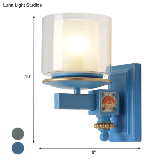 Kids Clear And Frosted Glass Wall Lamp Kit With Blue Arm - Child Room Sconce Fixture 2 Shades 1 Head