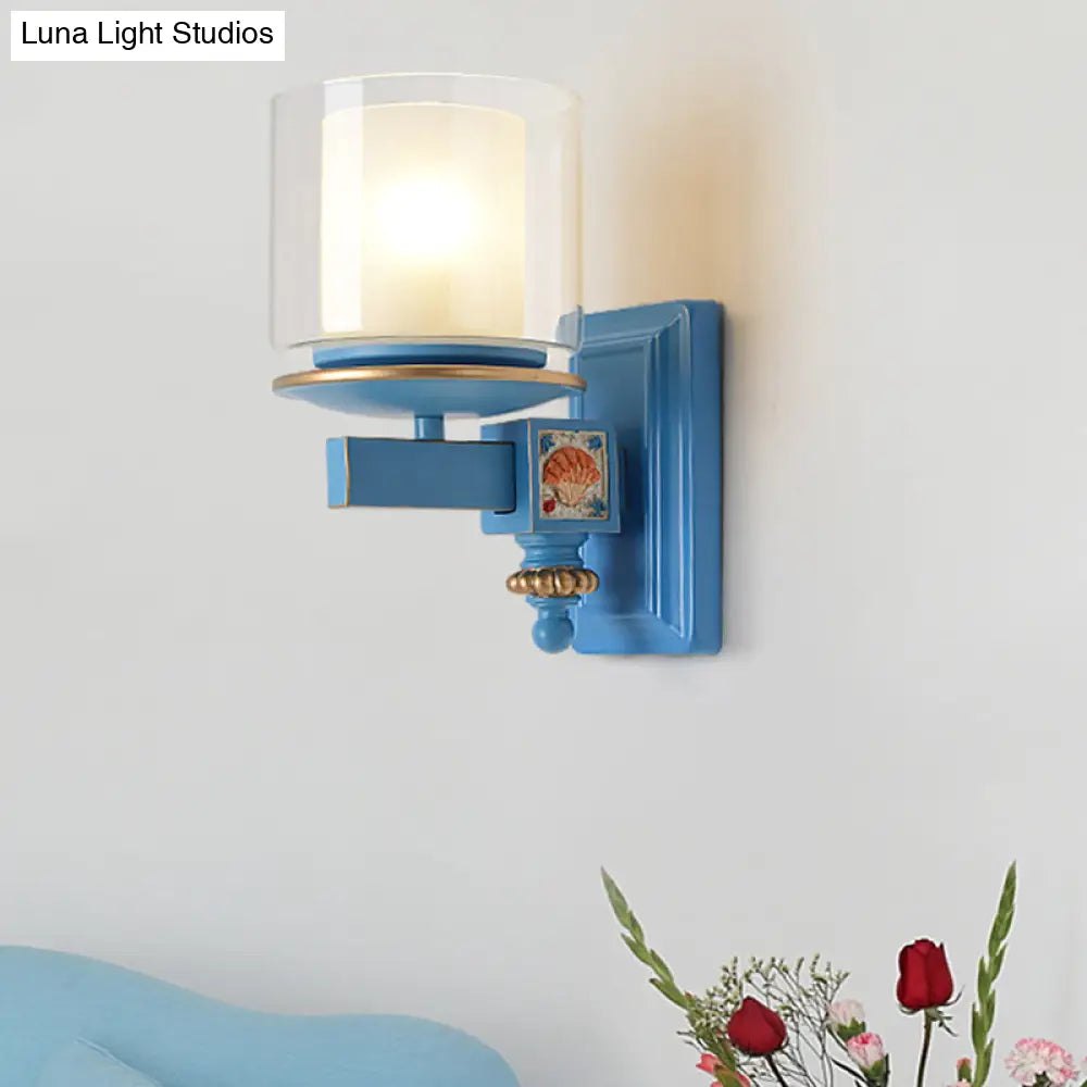 Kids Clear And Frosted Glass Wall Lamp Kit With Blue Arm - Child Room Sconce Fixture 2 Shades 1 Head