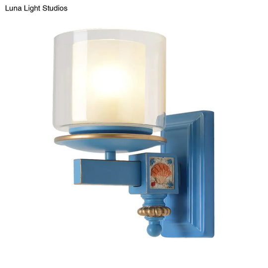 Kids Clear And Frosted Glass Wall Lamp Kit With Blue Arm - Child Room Sconce Fixture 2 Shades 1 Head