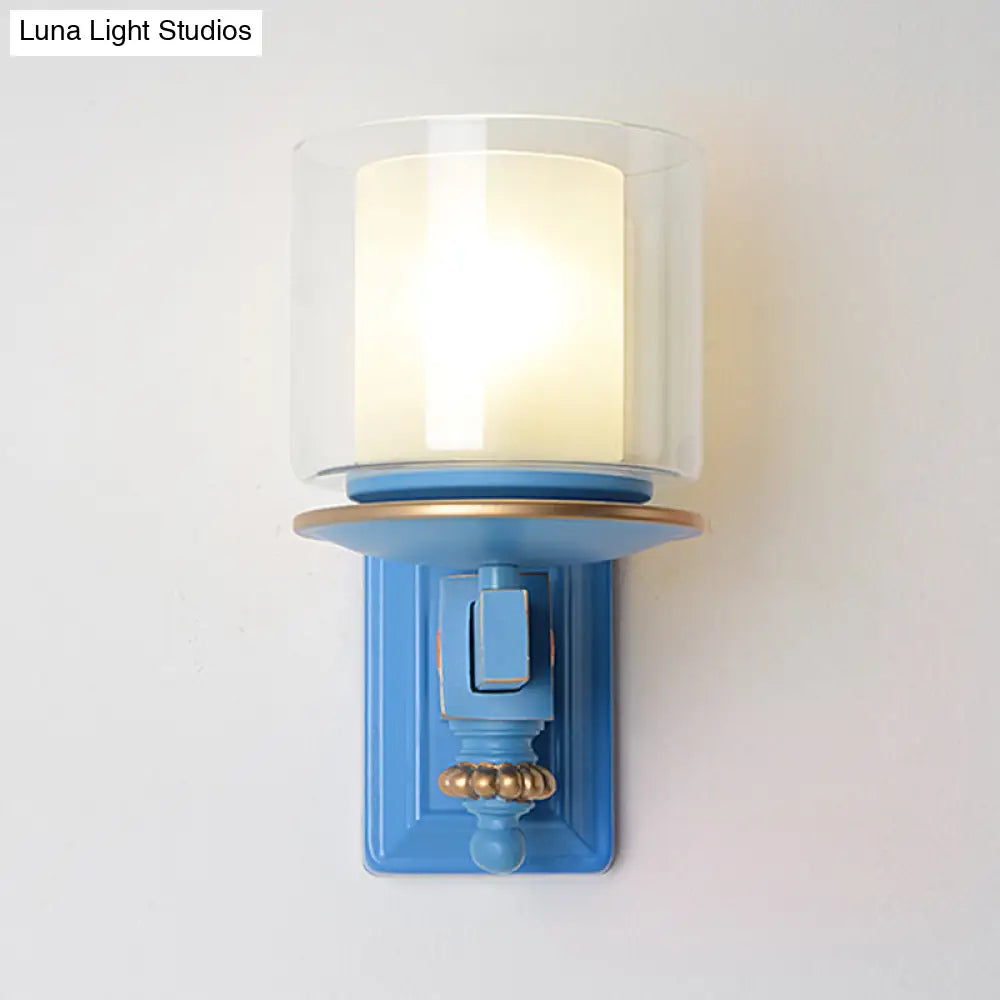 Kids Clear And Frosted Glass Wall Lamp Kit With Blue Arm - Child Room Sconce Fixture 2 Shades 1 Head