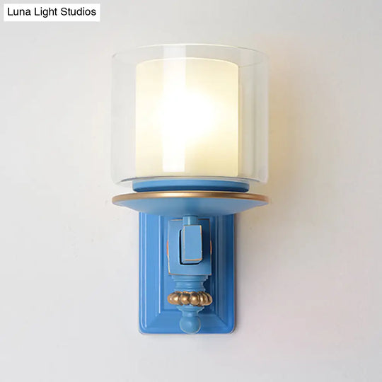 Kids Clear And Frosted Glass Wall Lamp Kit With Blue Arm - Child Room Sconce Fixture 2 Shades 1 Head