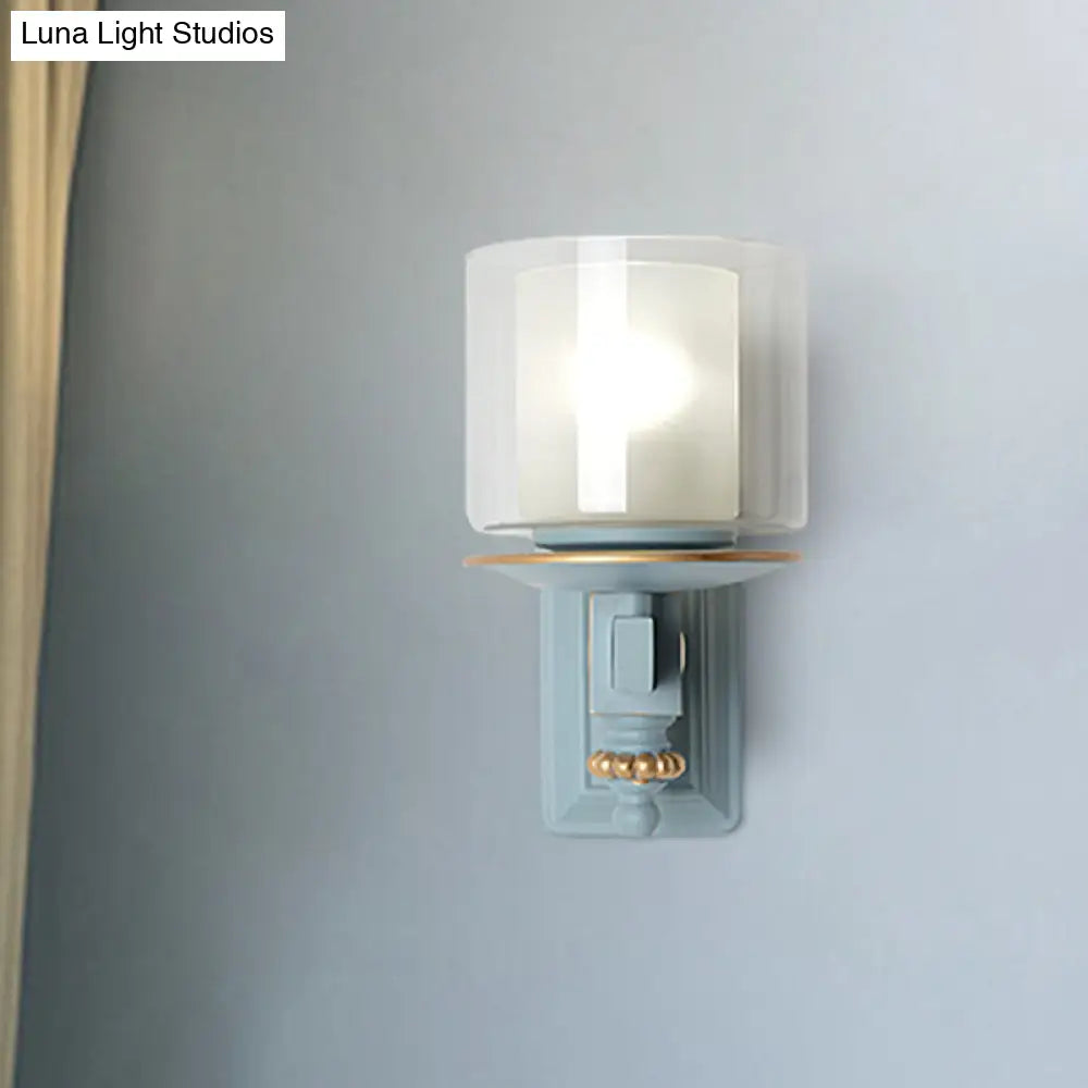 Kids Clear And Frosted Glass Wall Lamp Kit With Blue Arm - Child Room Sconce Fixture 2 Shades 1 Head