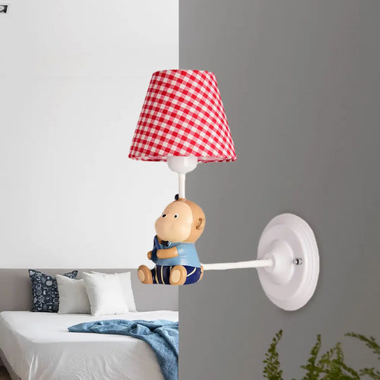 Kids Cone Bedside Wall Light In Blue/Red - Cartoon Sconce With Little Bear Decor Red