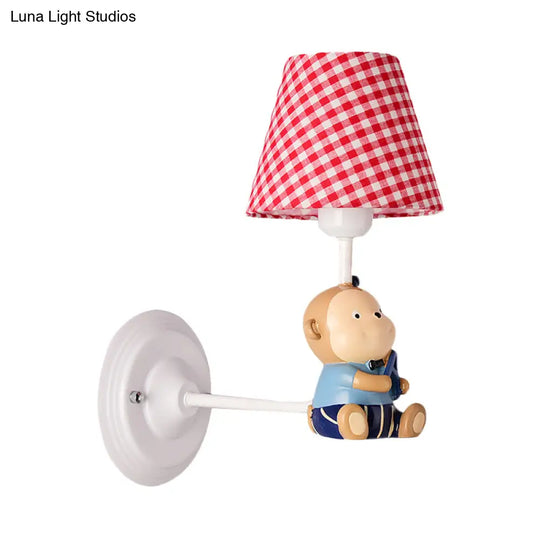 Kids Cone Bedside Wall Light In Blue/Red - Cartoon Sconce With Little Bear Decor