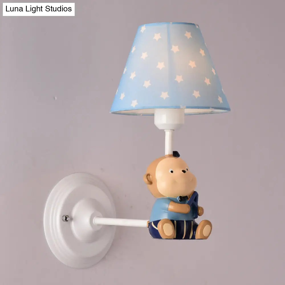 Kids Cone Bedside Wall Light In Blue/Red - Cartoon Sconce With Little Bear Decor