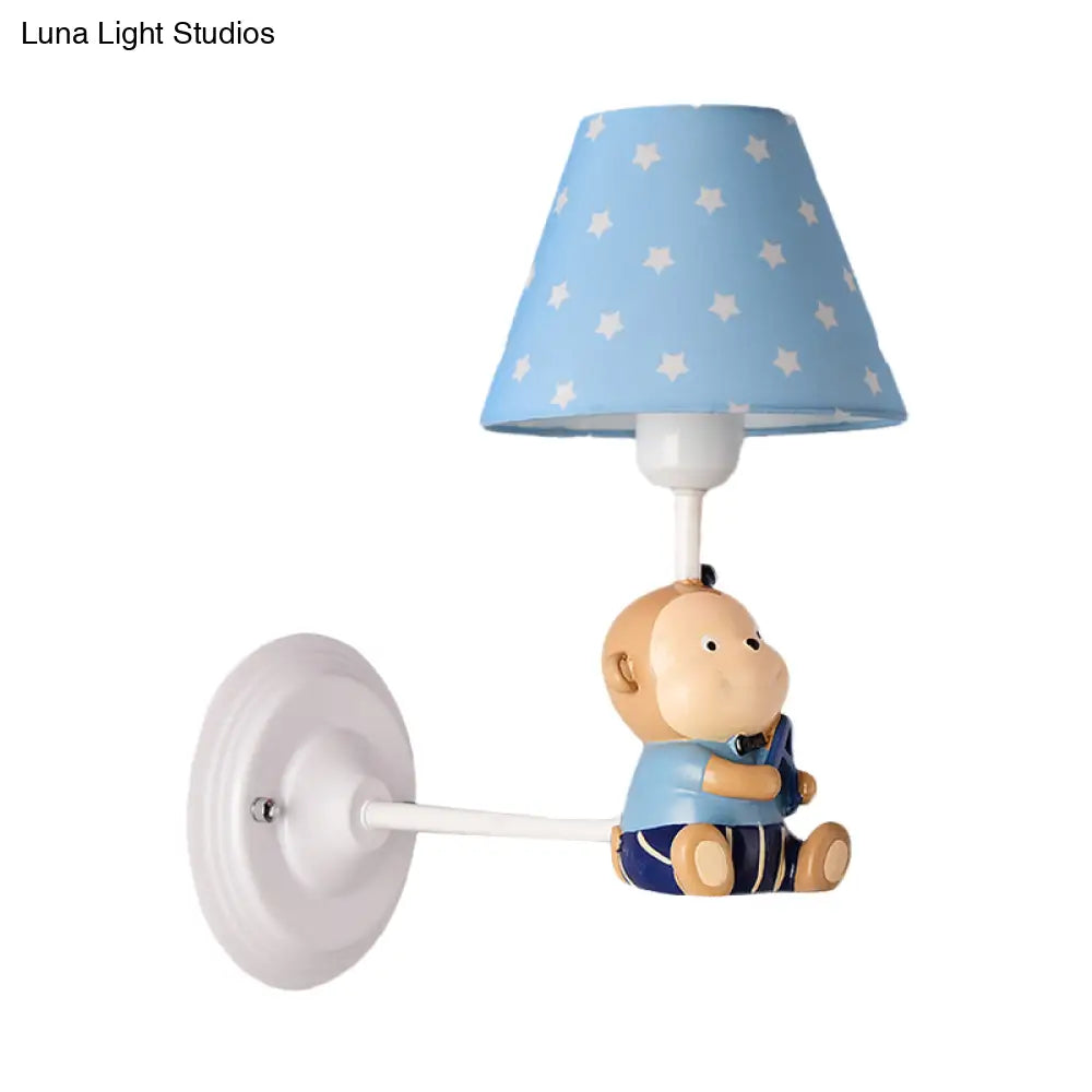 Kids Cone Bedside Wall Light In Blue/Red - Cartoon Sconce With Little Bear Decor