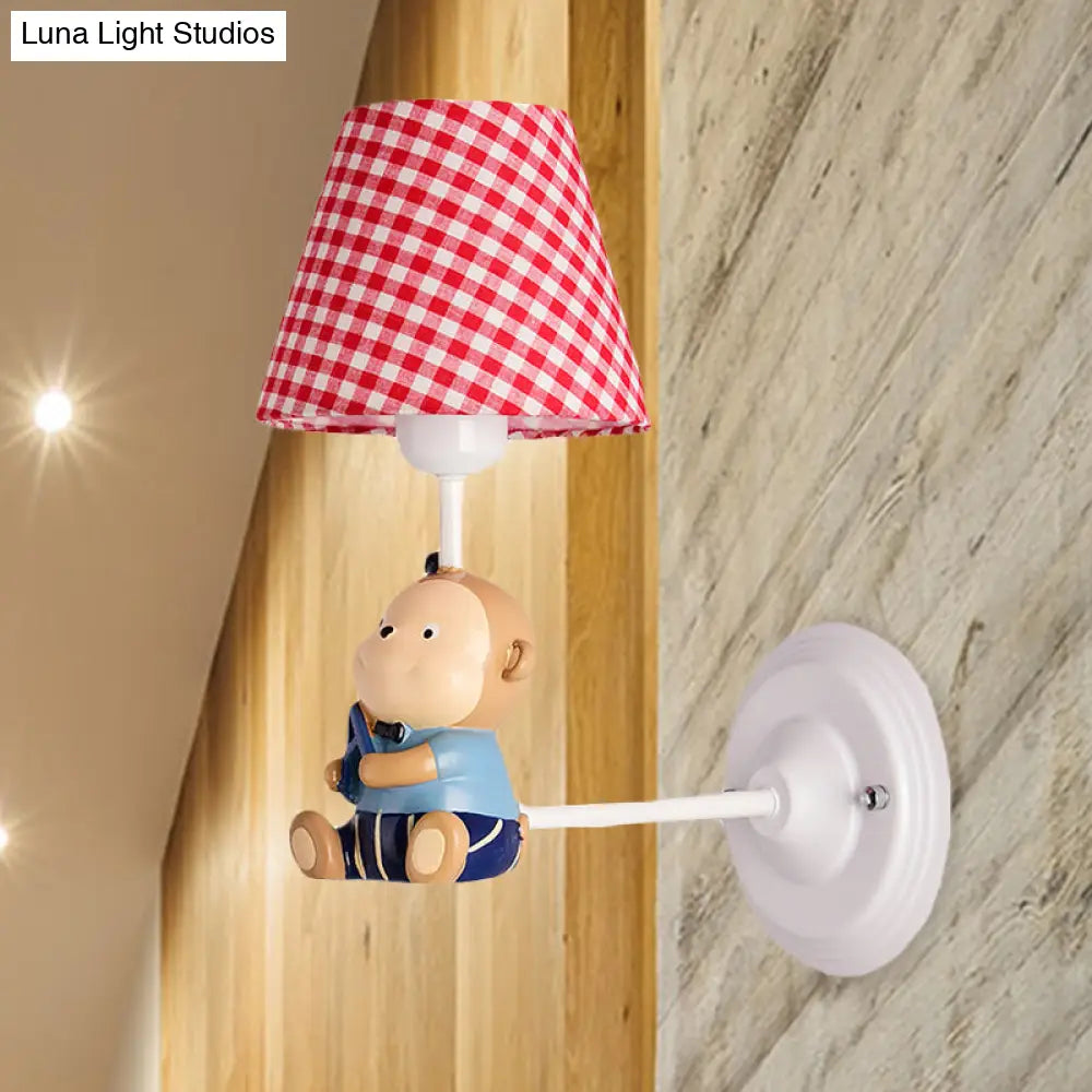 Kids Cone Bedside Wall Light In Blue/Red - Cartoon Sconce With Little Bear Decor