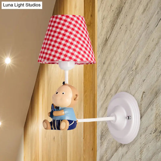 Kids Cone Bedside Wall Light In Blue/Red - Cartoon Sconce With Little Bear Decor