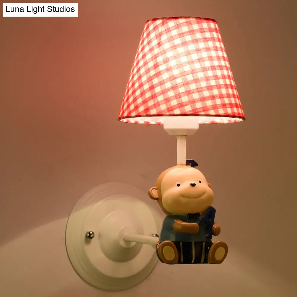 Kids Cone Bedside Wall Light In Blue/Red - Cartoon Sconce With Little Bear Decor