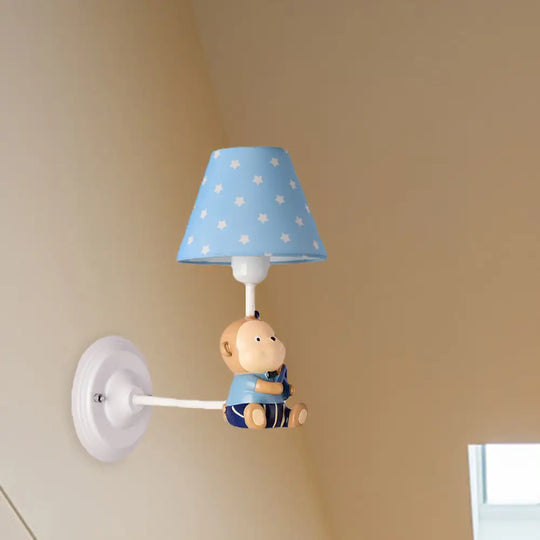 Kids Cone Bedside Wall Light In Blue/Red - Cartoon Sconce With Little Bear Decor Blue