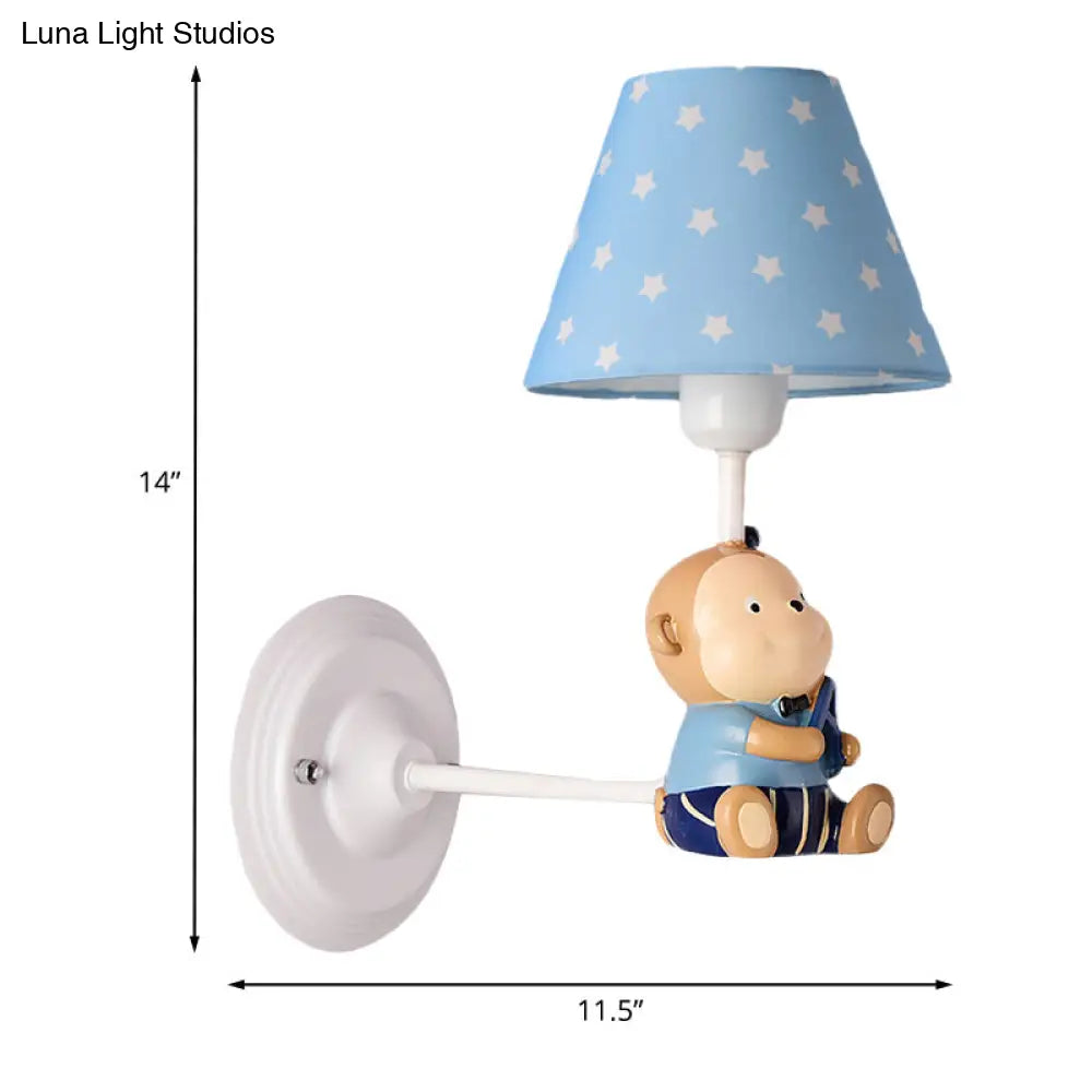 Kids Cone Bedside Wall Light In Blue/Red - Cartoon Sconce With Little Bear Decor