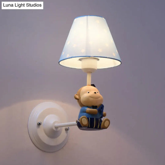 Kids Cone Bedside Wall Light In Blue/Red - Cartoon Sconce With Little Bear Decor