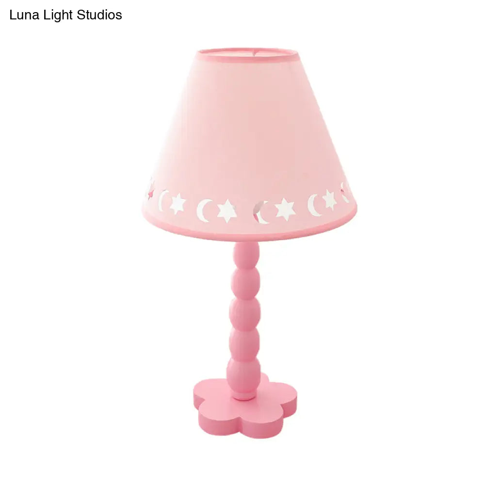 Kids Cone Table Lamp: Cute Fabric 1-Light Night Light With Cutout Design Wood Base -