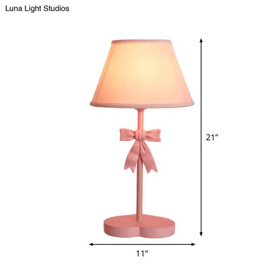 Kids Conical Fabric Night Table Lamp - 1-Bulb Pink Nightstand Light With Bow Decoration