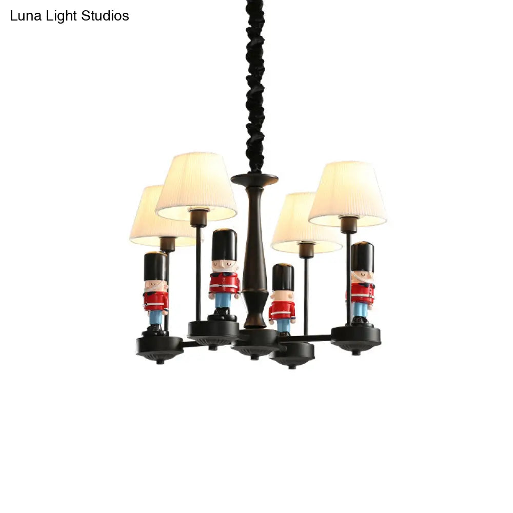 Kids Conical Hanging Lamp With British Soldier Deco In Black