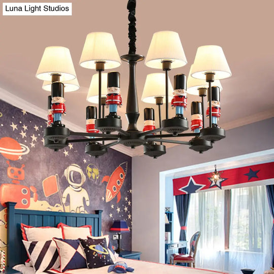 Kids Conical Hanging Lamp With British Soldier Deco In Black