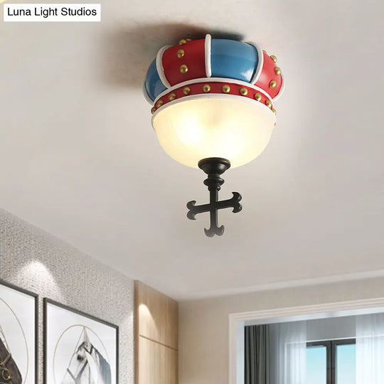 Kids Crown Flushmount Lighting - 2-Light Ceiling Fixture For Bedroom In Red & Blue