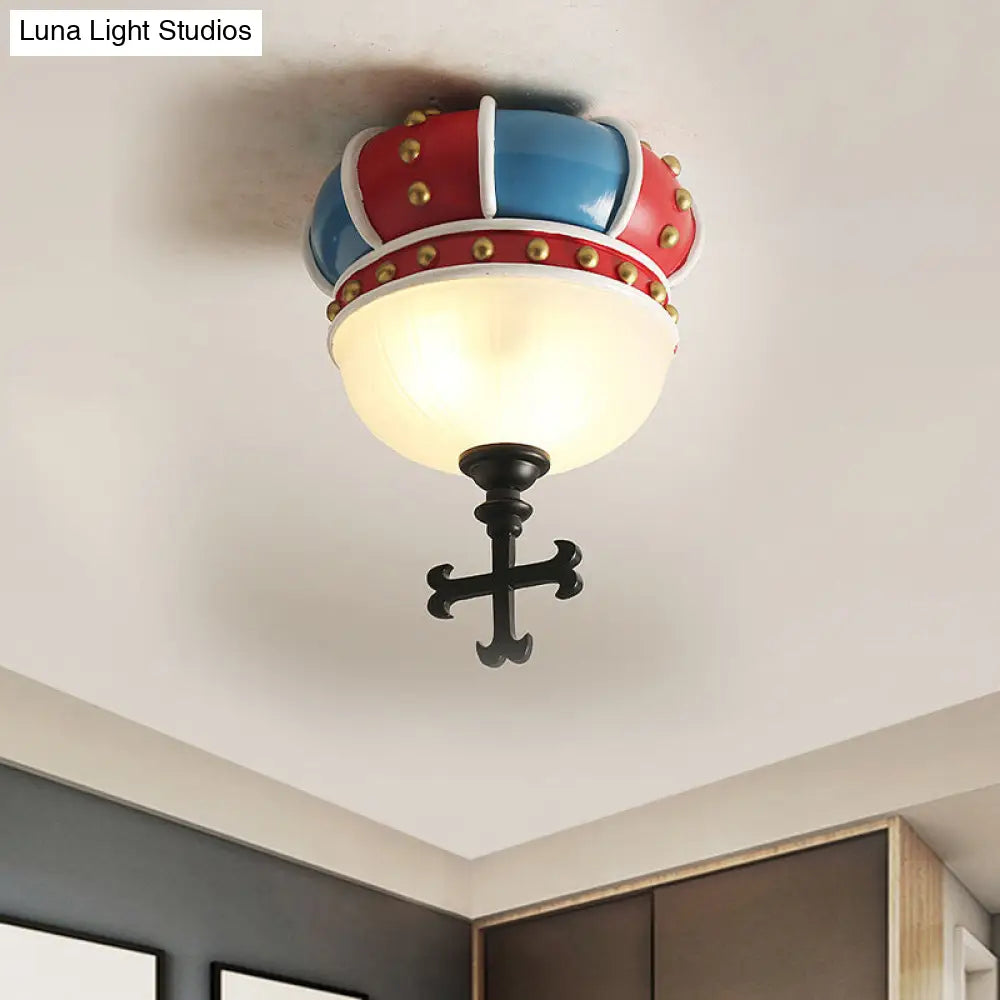 Kids Crown Flushmount Lighting - 2-Light Ceiling Fixture For Bedroom In Red & Blue
