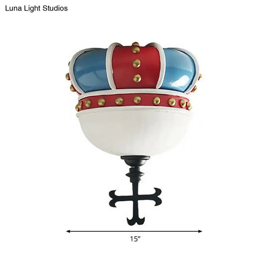 Kids Crown Flushmount Lighting - 2-Light Ceiling Fixture For Bedroom In Red & Blue