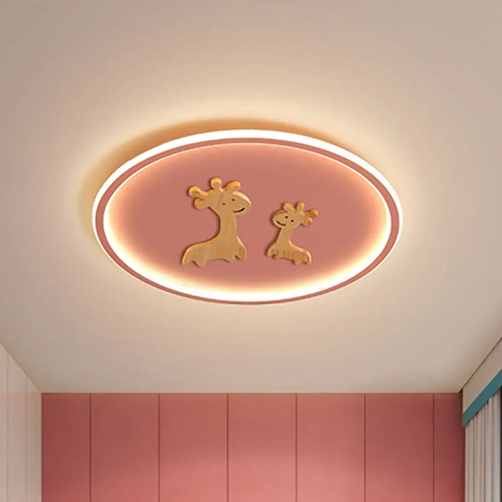 Kids Deer Pattern Oval Flush Mount Light - Acrylic Led Ceiling Lamp For Bedroom (Blue/Pink/Black)