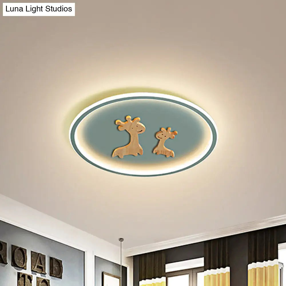 Kids Deer Pattern Oval Flush Mount Light - Acrylic Led Ceiling Lamp For Bedroom (Blue/Pink/Black)